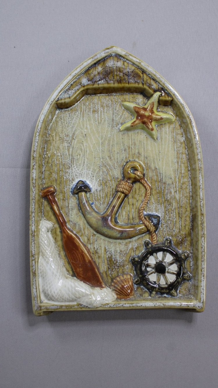 Vintage Ceramic Nautical Wall Plaque Boat Shape Anchor Wheel Oar Coastal Decor